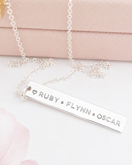 custom silver bar necklace with kids names