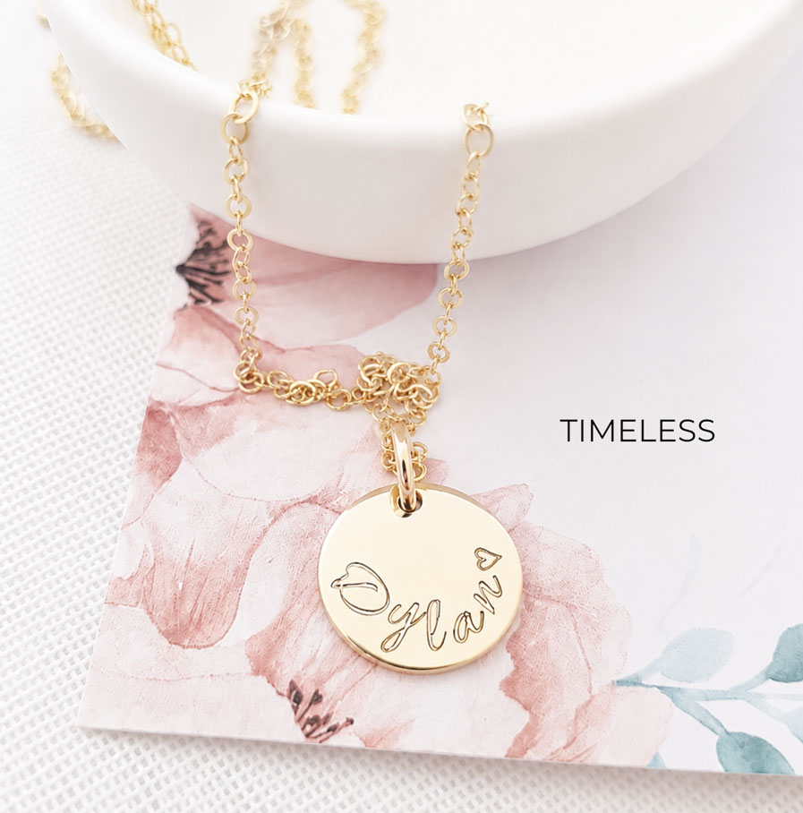 Gold Tiny Disc Necklace DISC NECKLACES NAME HAND STAMPED ON NECKLACE
