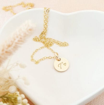 dainty gold initial disk necklace