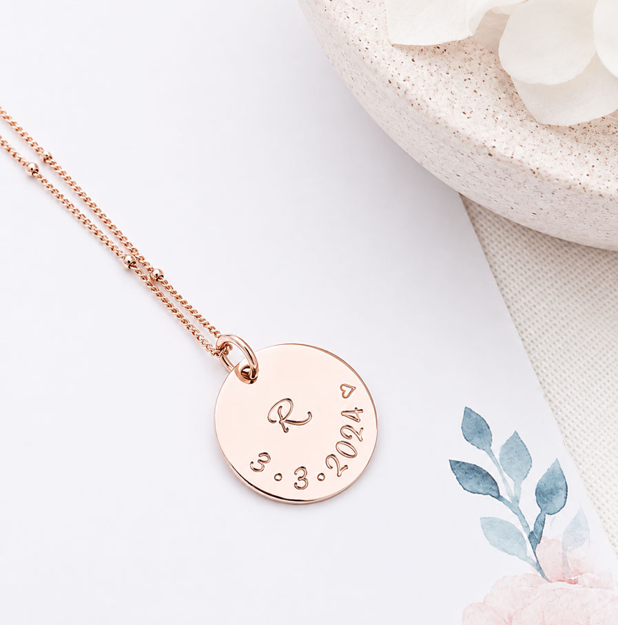 Rose Gold Mini Disc Necklace DISC NECKLACES custom initial and date necklace