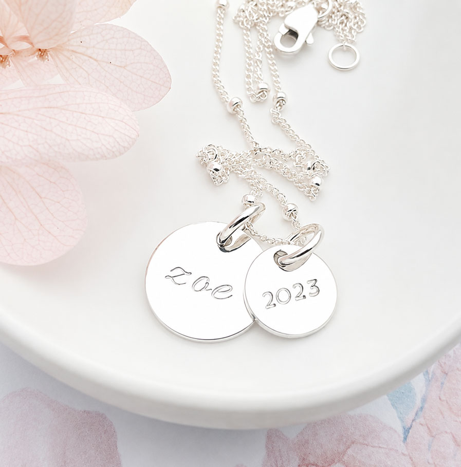 Silver Disc Set DISC NECKLACES CHILDS NAME AND BIRTHDATE ON NECKLACE