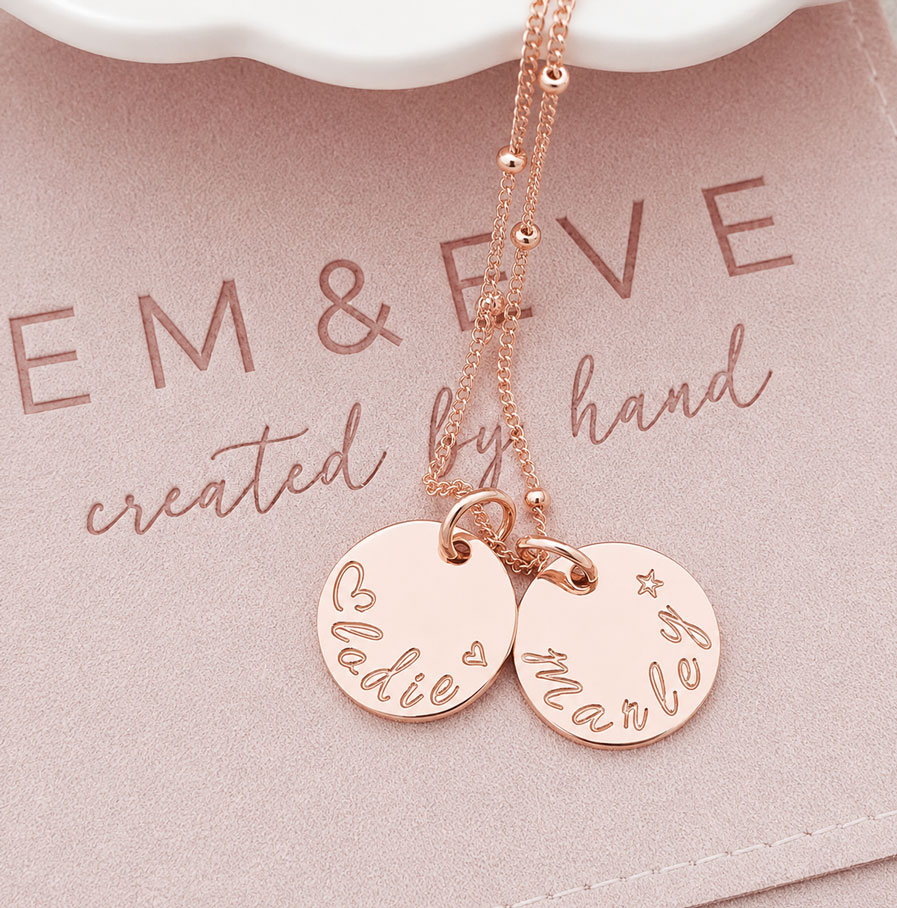 Rose Gold Tiny Disc Pair DISC NECKLACES HAND STAMPED NECKLACE WITH TWO NAMES