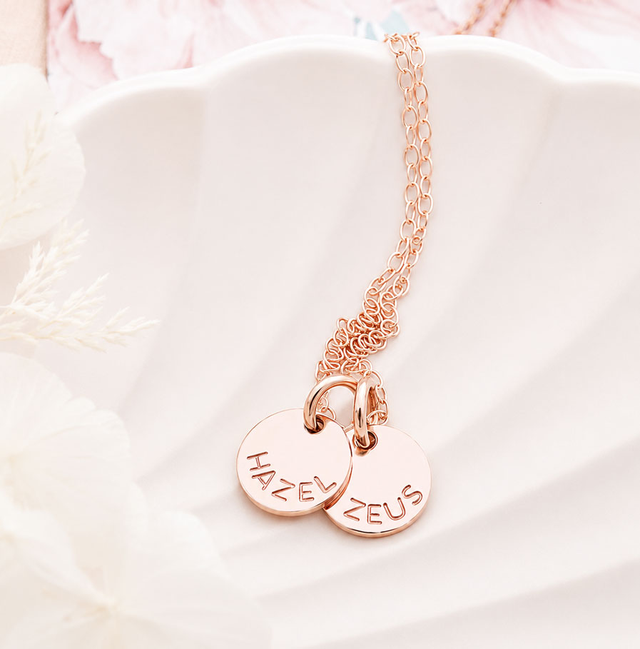 Rose Gold Initial Disc Pair DISC NECKLACES custom jewellery for mum with childrens names