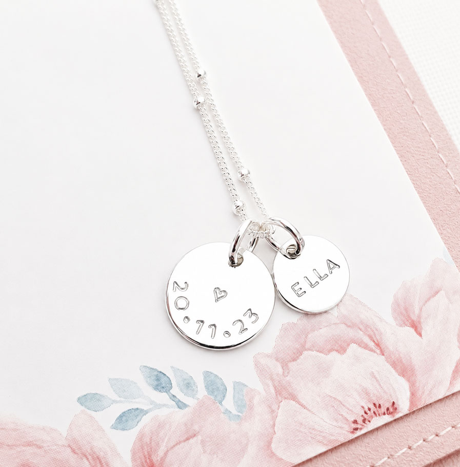 Silver Disc Set DISC NECKLACES NAME AND DATE NECKLACE