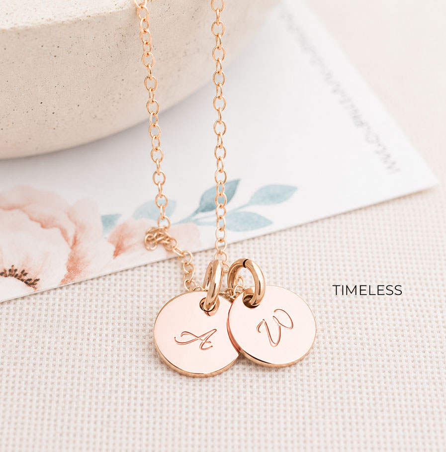 Rose Gold Initial Disc Pair DISC NECKLACES Minimalist disc necklace with personalised initials