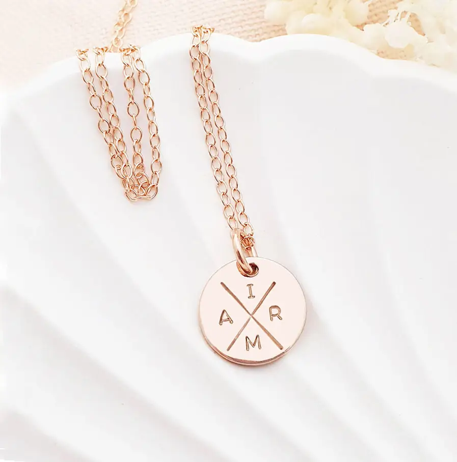 Rose Gold Family Compass DISC NECKLACES 4 initials on pendant