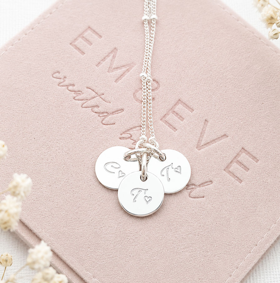 Silver Initial Disc Trio DISC NECKLACES engraved letter necklace