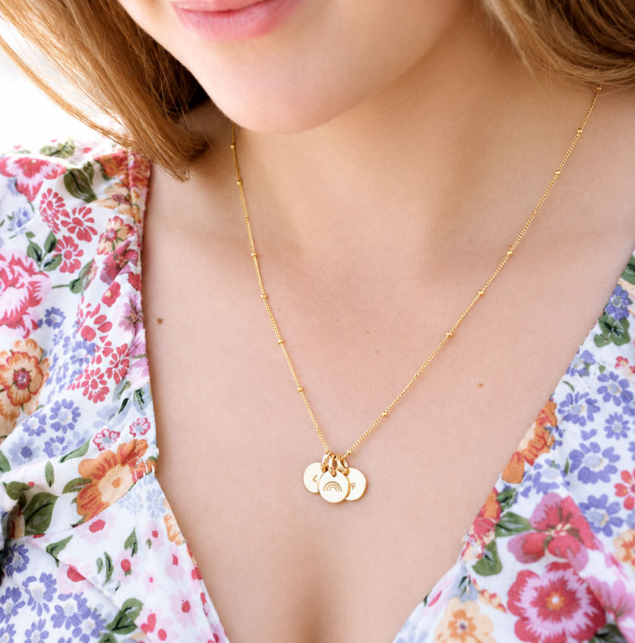 Gold Initial Disc Trio DISC NECKLACES WOMAN WEARING 3 DISC NECKLACE