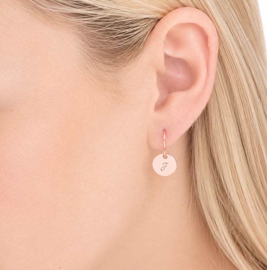Rose Gold Personalised Earrings Earrings woman wearing rose gold custom earrings
