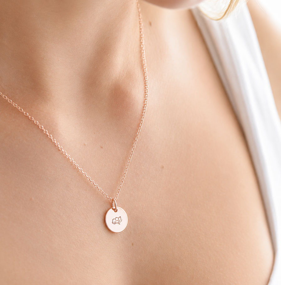 Rose Gold Birth Flower Pendant Birth Flowers woman wearing custom rose gold birth flower necklace